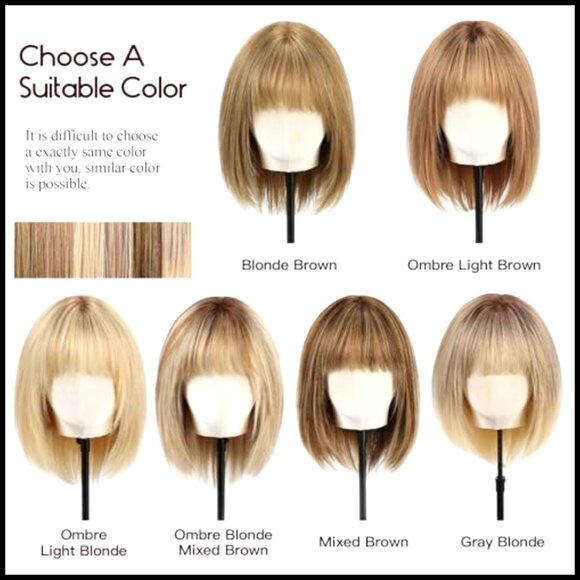 Shoulder Length Layered Bob Wig with Bangs Breathable Cap Natural Human Hair main image 6
